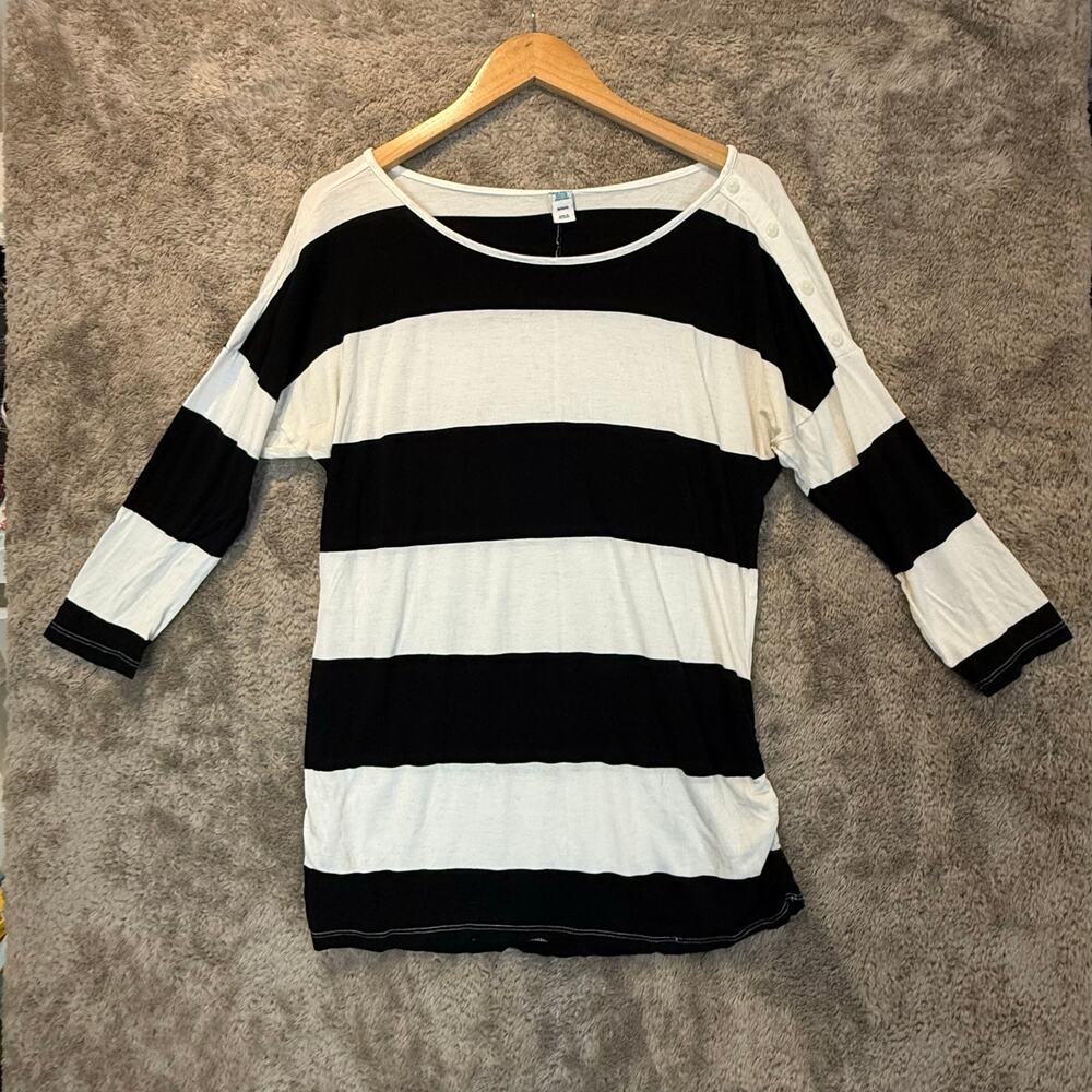 Old Navy Maternity Top Shirt Black White Stripe Button Shoulder Ruched Sides M